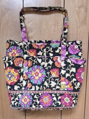 Vera Bradley Quilted Floral Large Tote in Black with Multicolor Blooms